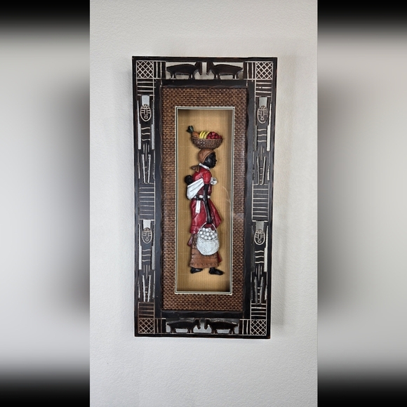 Vintage African Culture Women Carrying Fruit-Her Child Shadow Box Wood Tribal - Picture 13 of 13